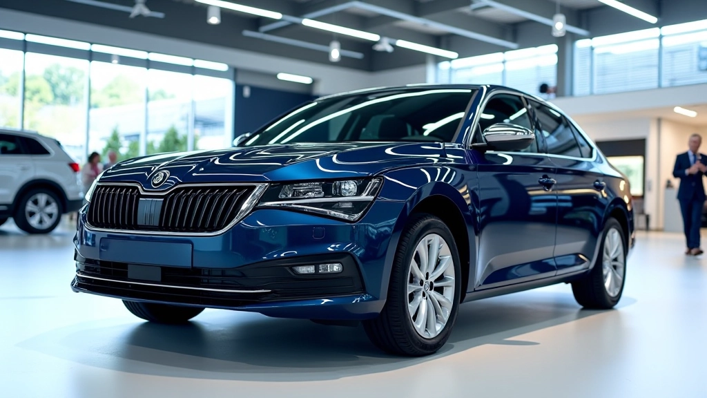 Skoda Superb hibridinis automobilis, tamsiai mėlyna spalva, kauno automobilių salone, vidurinis planas